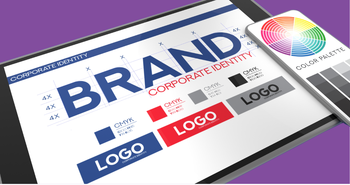 Brand guidelines document showing corporate identity layout with logo variations, colour palette, CMYK values and typography rules for consistent brand design and visual identity.