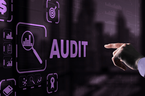 Illustration of a website audit dashboard with analytics icons and the word 'Audit', representing SEO and website performance reviews.